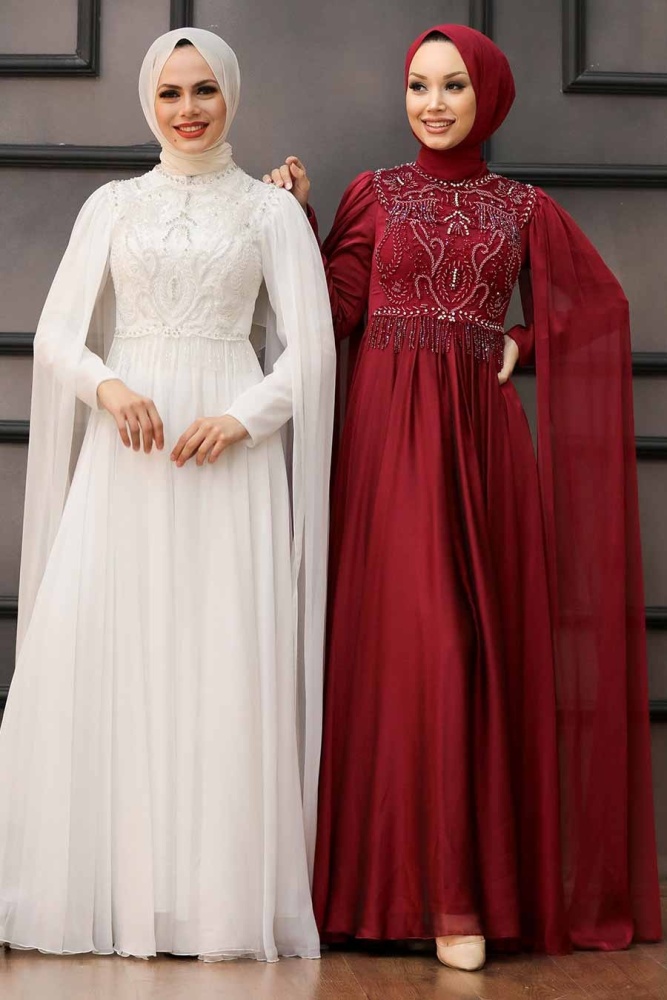 Neva Style - Luxorious Claret Red Islamic Clothing Evening Dress 22162BR - 6