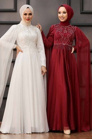 Neva Style - Luxorious Claret Red Islamic Clothing Evening Dress 22162BR - Thumbnail