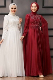 Neva Style - Luxorious Claret Red Islamic Clothing Evening Dress 22162BR - Thumbnail