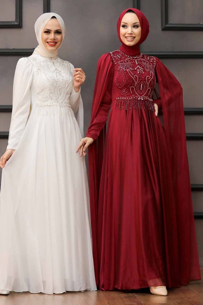 Neva Style - Luxorious Claret Red Islamic Clothing Evening Dress 22162BR - 8