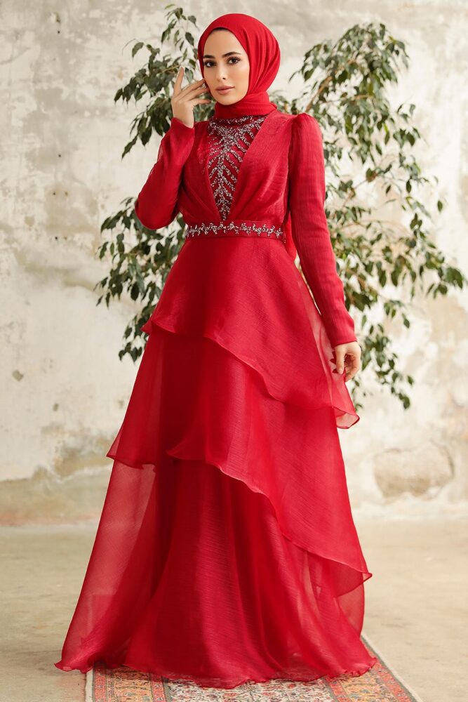 Neva Style - Luxorious Claret Red Islamic Clothing Evening Dress 38221BR - 1