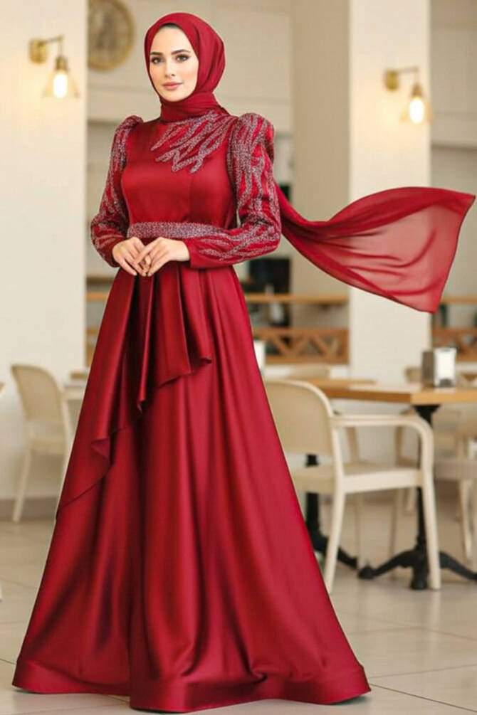 Neva Style - Luxorious Claret Red Modest Evening Dress 22671BR - TESETTÜRLÜ ABİYE ELBİSELER