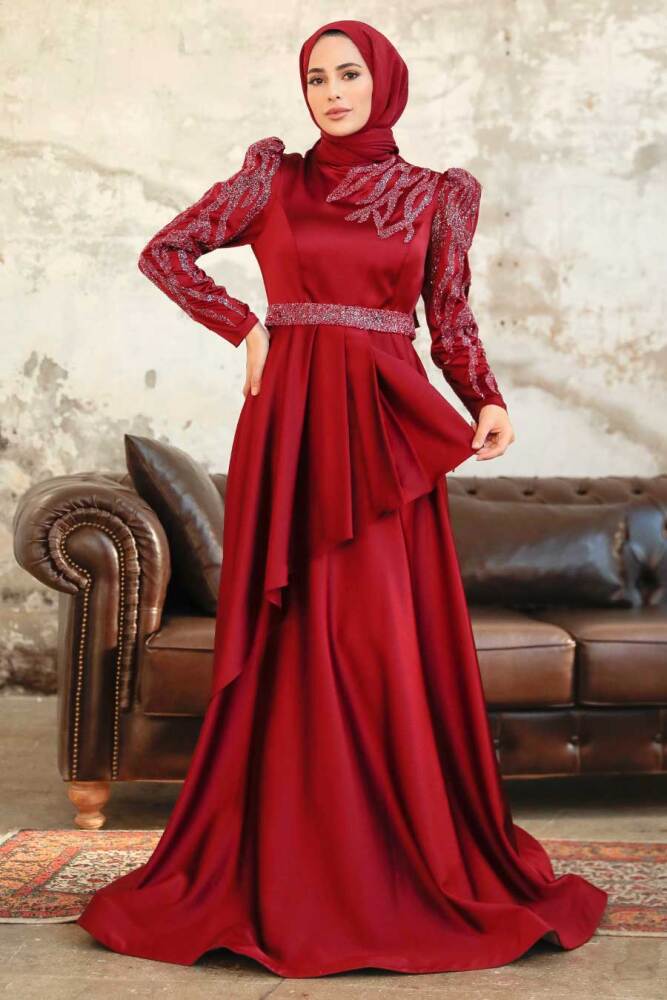 Neva Style - Luxorious Claret Red Modest Evening Dress 22671BR - 1