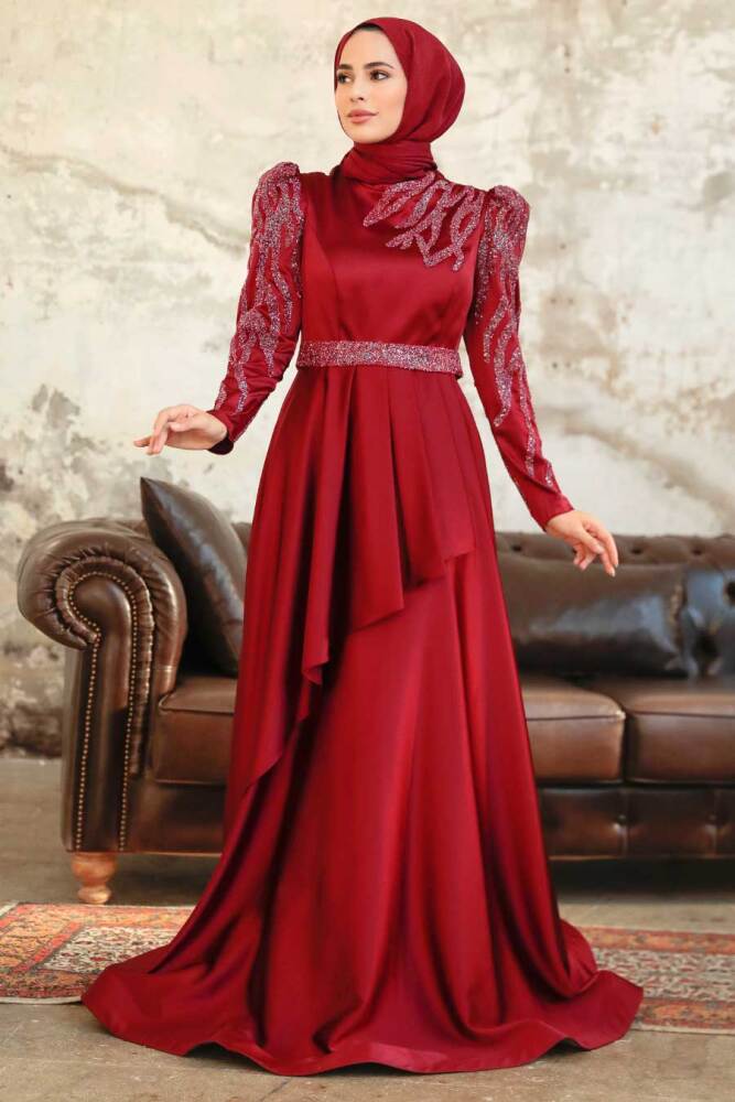 Neva Style - Luxorious Claret Red Modest Evening Dress 22671BR - 2