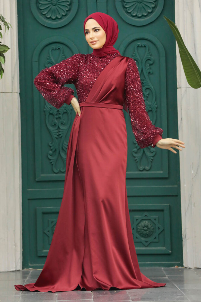 Luxorious Claret Red Muslim Bridesmaid Dress 2311BR - 3
