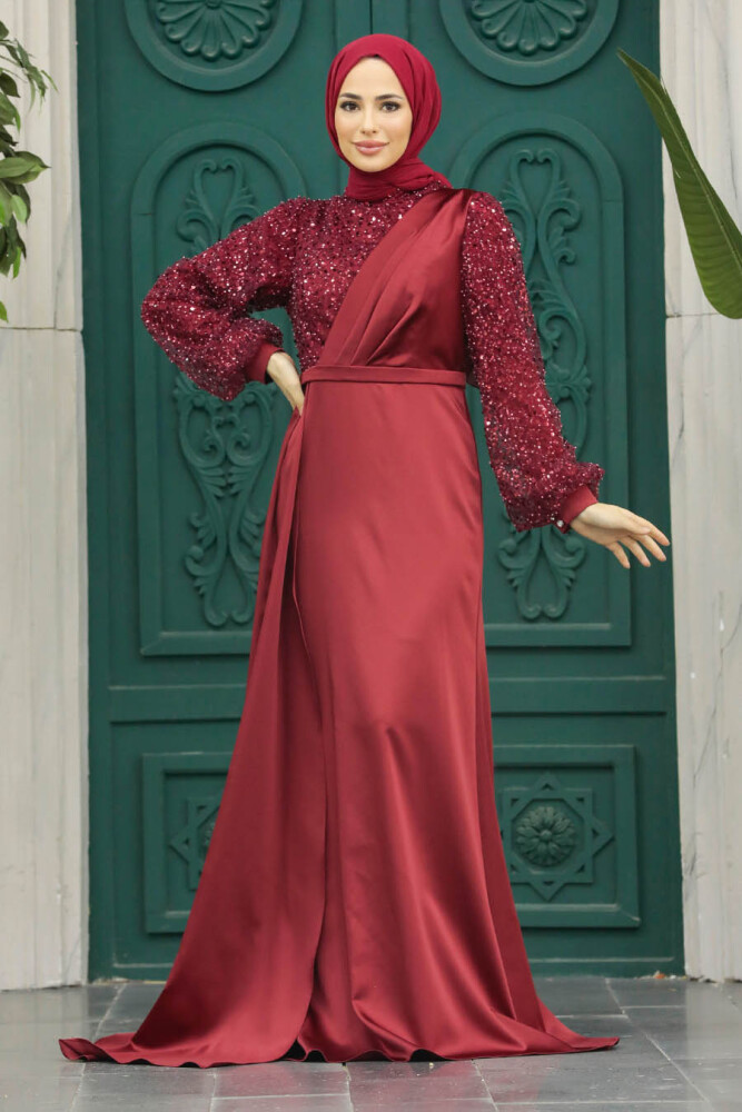 Luxorious Claret Red Muslim Bridesmaid Dress 2311BR - 1
