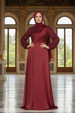 Luxorious Claret Red Muslim Bridesmaid Dress 2311BR - 1