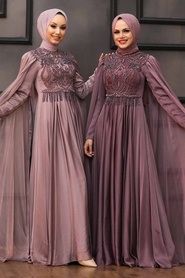Neva Style - Luxorious Dark Dusty Rose Islamic Clothing Evening Dress 22162KGK - Thumbnail