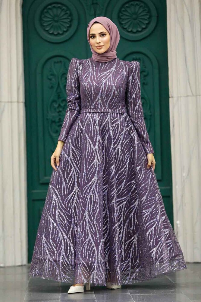 Luxorious Dark Lila Hijab Islamic Prom Dress 22851KLILA - 2