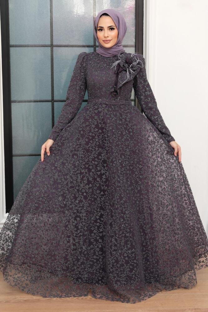 Neva Style - Luxorious Dark Lila Islamic Wedding Dress 22421KLILA - 2