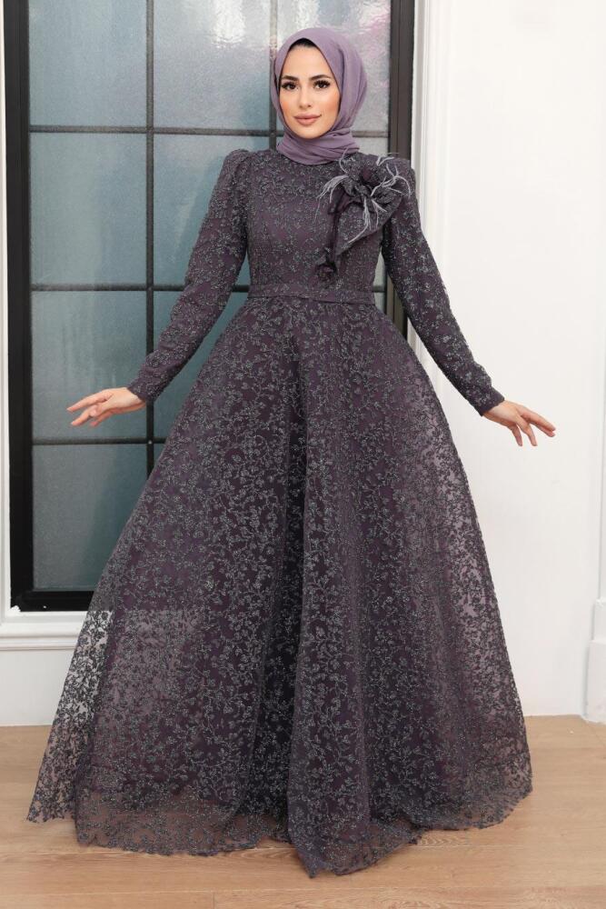 Neva Style - Luxorious Dark Lila Islamic Wedding Dress 22421KLILA - 3