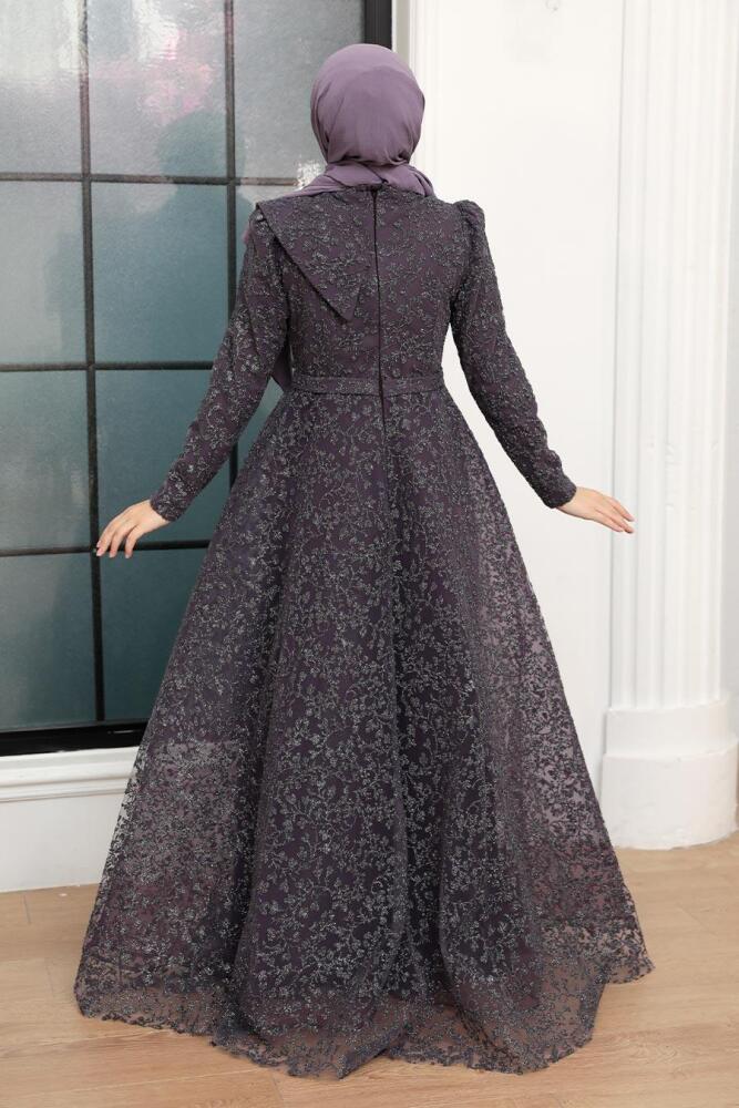 Neva Style - Luxorious Dark Lila Islamic Wedding Dress 22421KLILA - 4