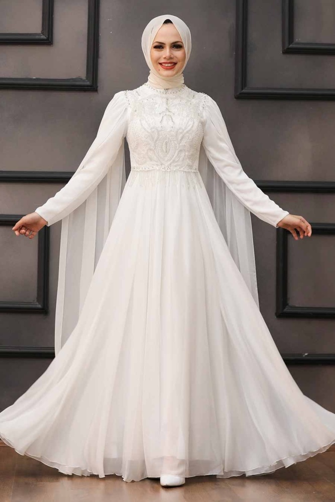 Neva Style - Luxorious Ecru Islamic Clothing Evening Dress 22162E - 1