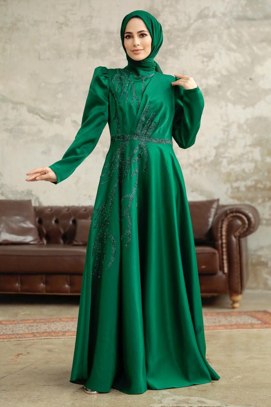 Neva Style - Luxorious Emerald Green Islamic Evening Dress 3915ZY