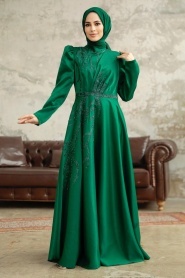 Neva Style - Luxorious Emerald Green Islamic Evening Dress 3915ZY - Thumbnail