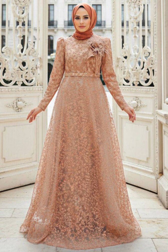 Neva Style - Luxorious Gold Islamic Wedding Dress 22421GOLD - TESETTÜRLÜ ABİYE ELBİSELER