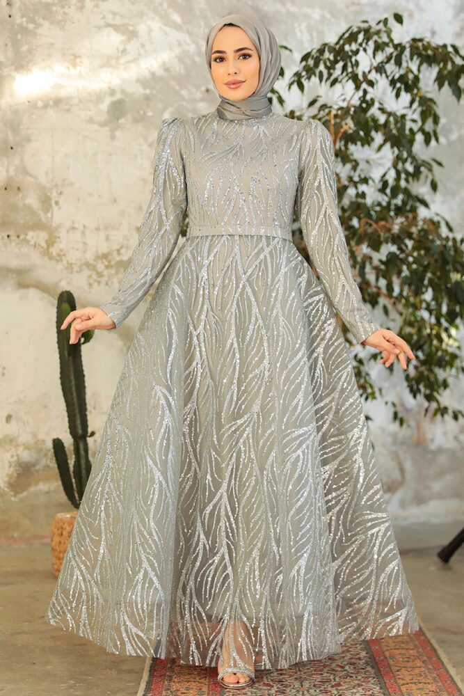 Neva Style - Luxorious Grey Hijab Clothing Engagement Dress 22851GR - 2
