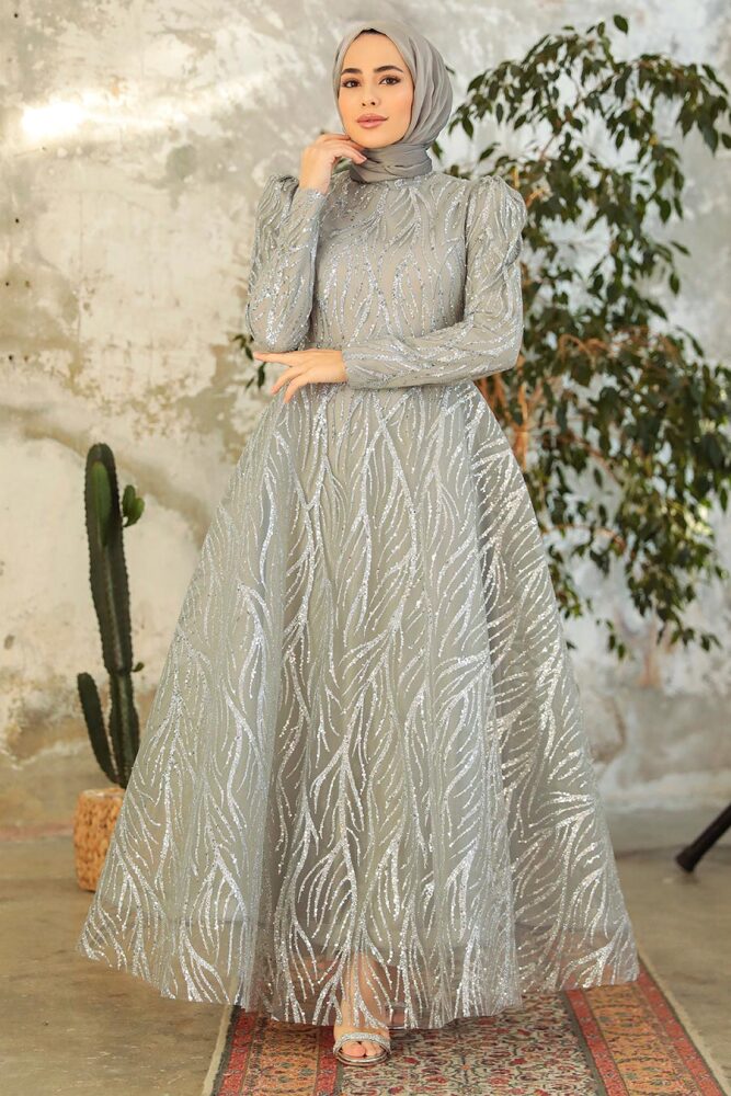 Neva Style - Luxorious Grey Hijab Clothing Engagement Dress 22851GR - 3