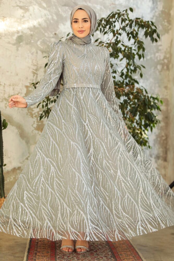 Neva Style - Luxorious Grey Hijab Clothing Engagement Dress 22851GR - 1