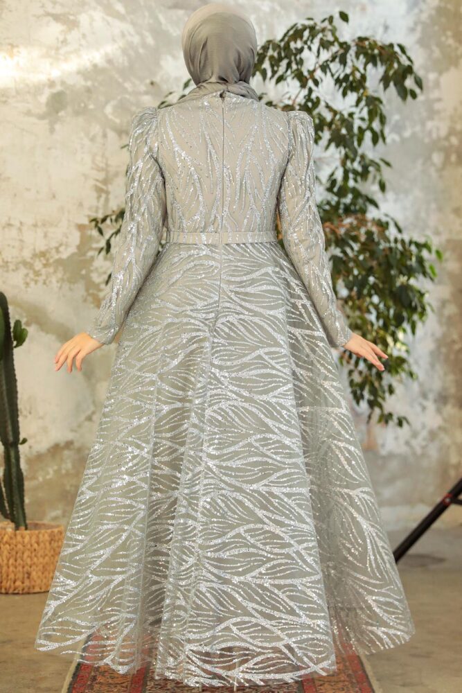 Neva Style - Luxorious Grey Hijab Clothing Engagement Dress 22851GR - 4