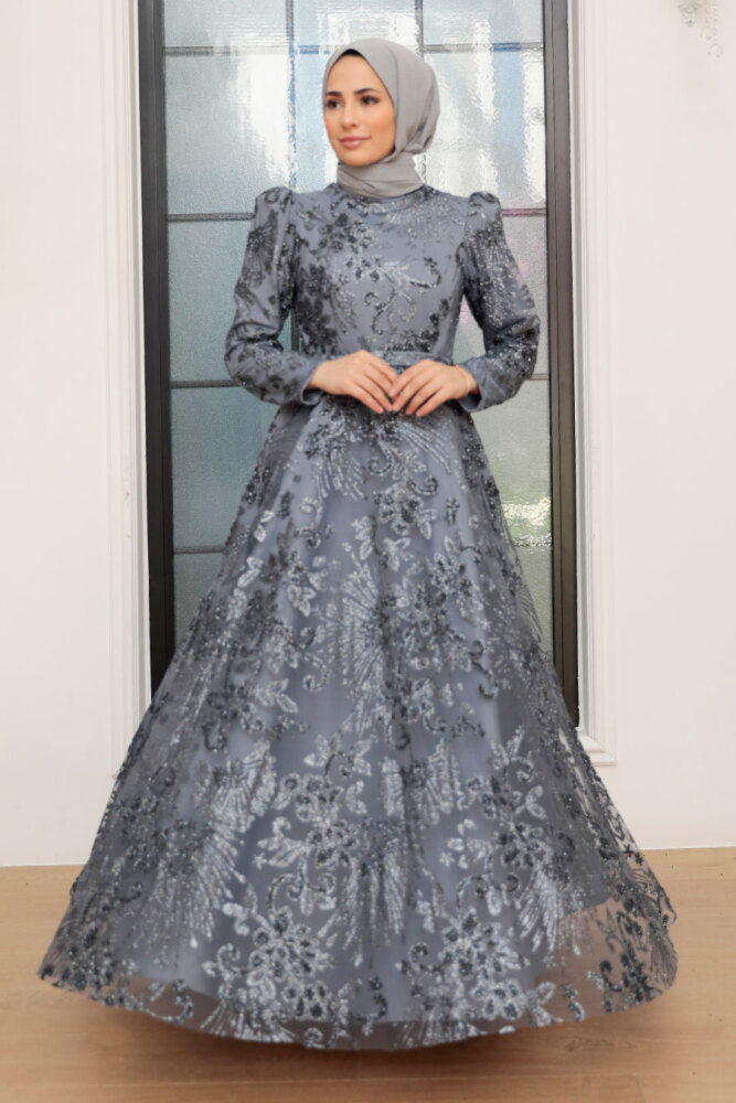 Neva Style - Luxorious Grey Hijab Engagement Gown 22662GR - 2