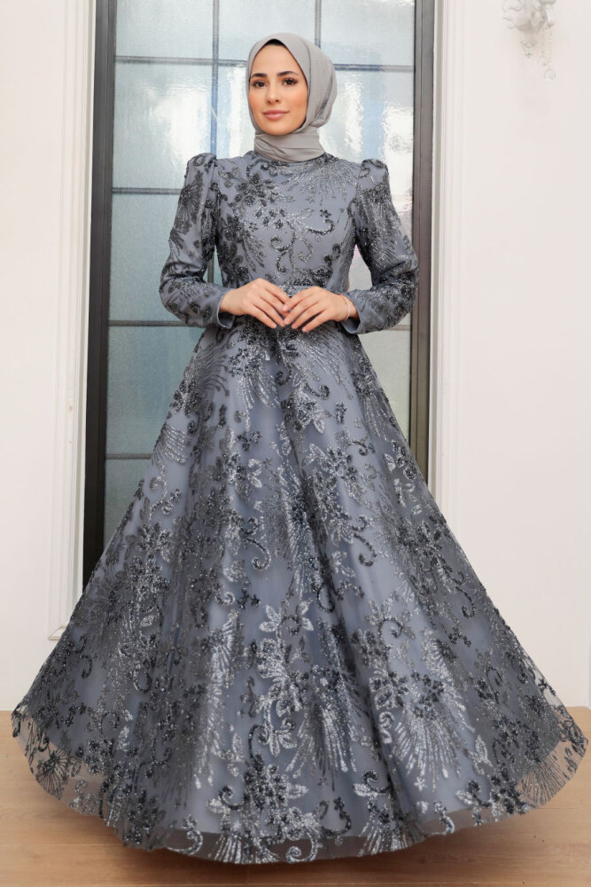 Neva Style - Luxorious Grey Hijab Engagement Gown 22662GR - 1