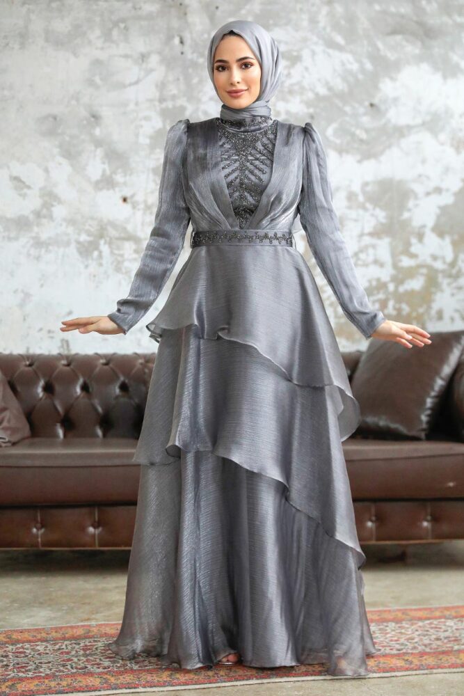 Neva Style - Luxorious Grey Islamic Clothing Evening Dress 38221GR - 2