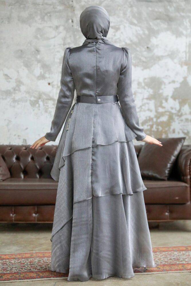 Neva Style - Luxorious Grey Islamic Clothing Evening Dress 38221GR - 3