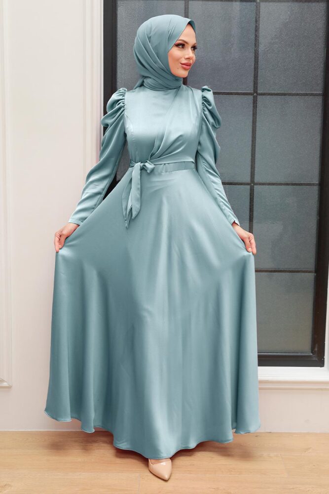 Luxorious İce Blue Modest Islamic Clothing Evening Dress 4570BUZM - 1