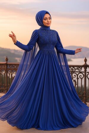Neva Style - Luxorious İndigo Blue Islamic Clothing Evening Dress 22162IM - 1