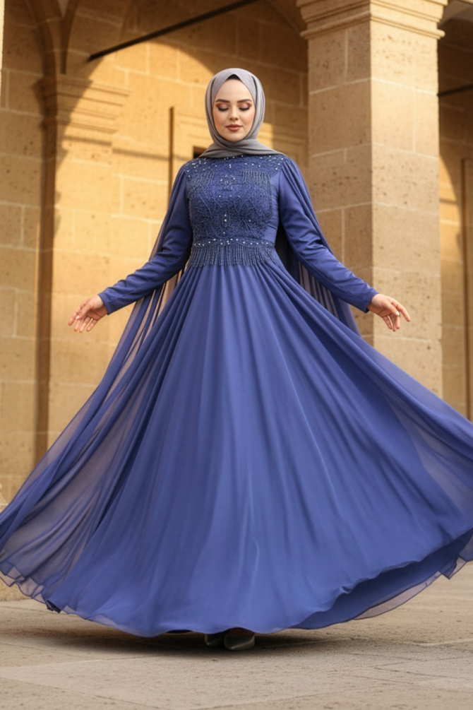 Neva Style - Luxorious İndigo Blue Islamic Clothing Evening Dress 22162IM - 1