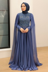 Neva Style - Luxorious İndigo Blue Islamic Clothing Evening Dress 22162IM - Thumbnail