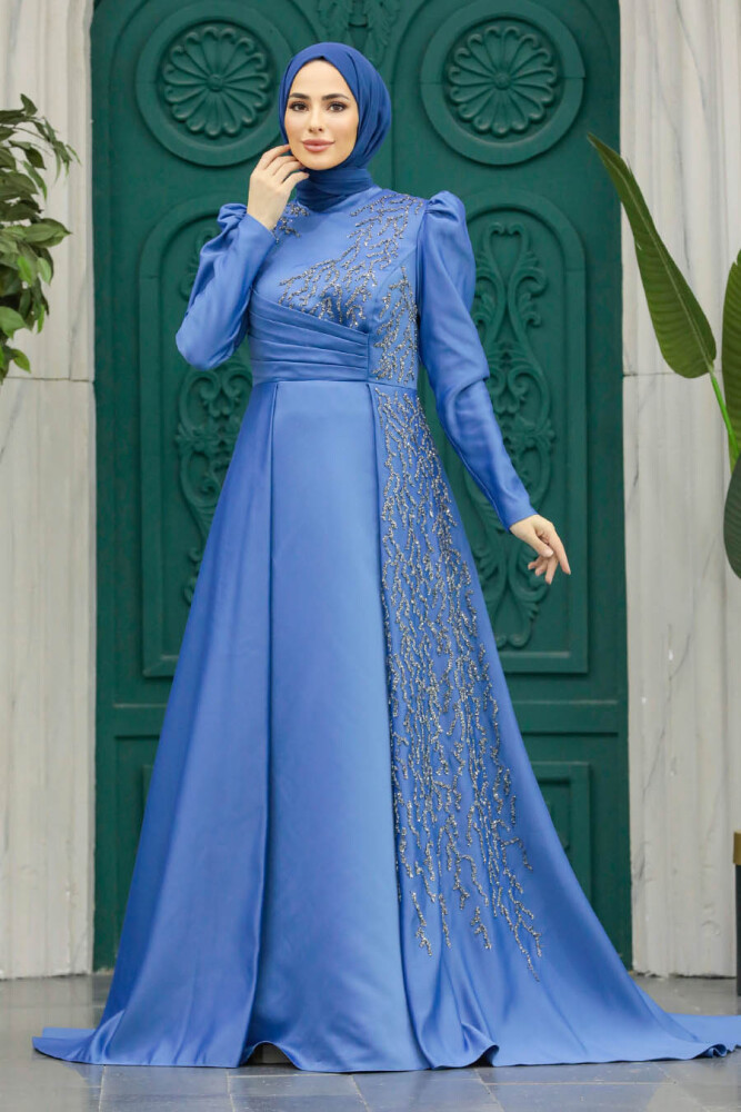 Luxorious İndigo Blue Modest Evening Gown 2295IM - 2