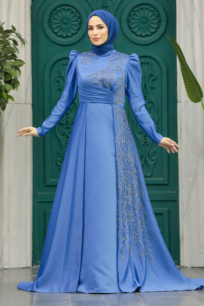 Luxorious İndigo Blue Modest Evening Gown 2295IM - 3
