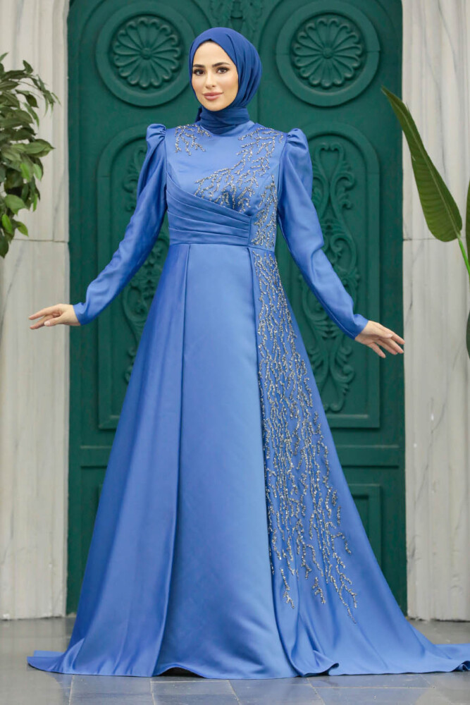 Luxorious İndigo Blue Modest Evening Gown 2295IM - 1