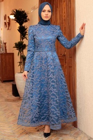 Neva Style - Luxorious İndigo Blue Modest Prom Dress 3330IM - Thumbnail