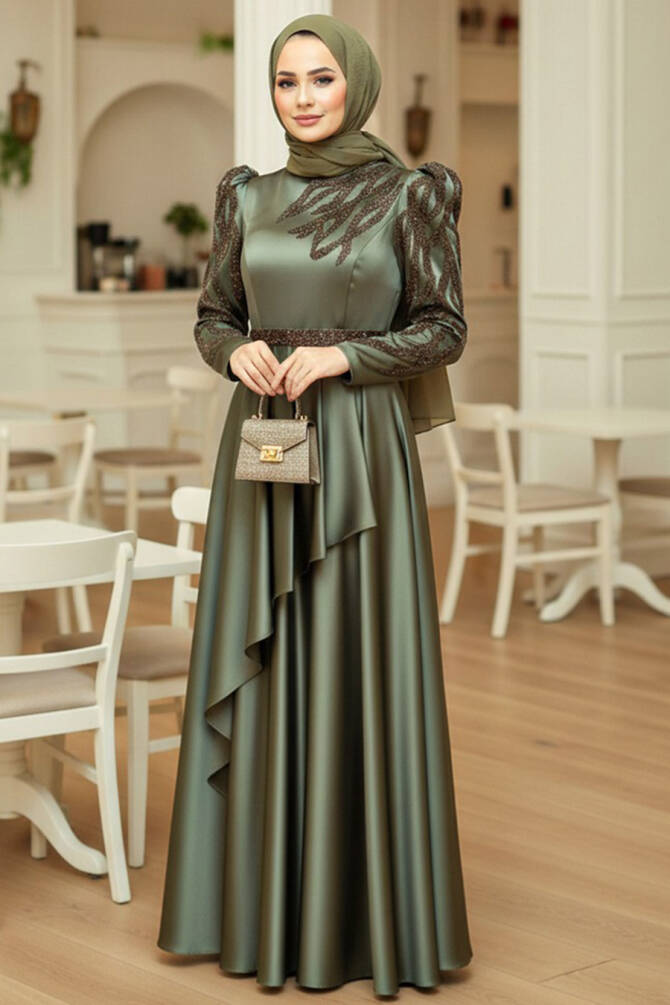 Neva Style - Luxorious Khaki Modest Evening Dress 22671HK - TESETTÜRLÜ ABİYE ELBİSELER