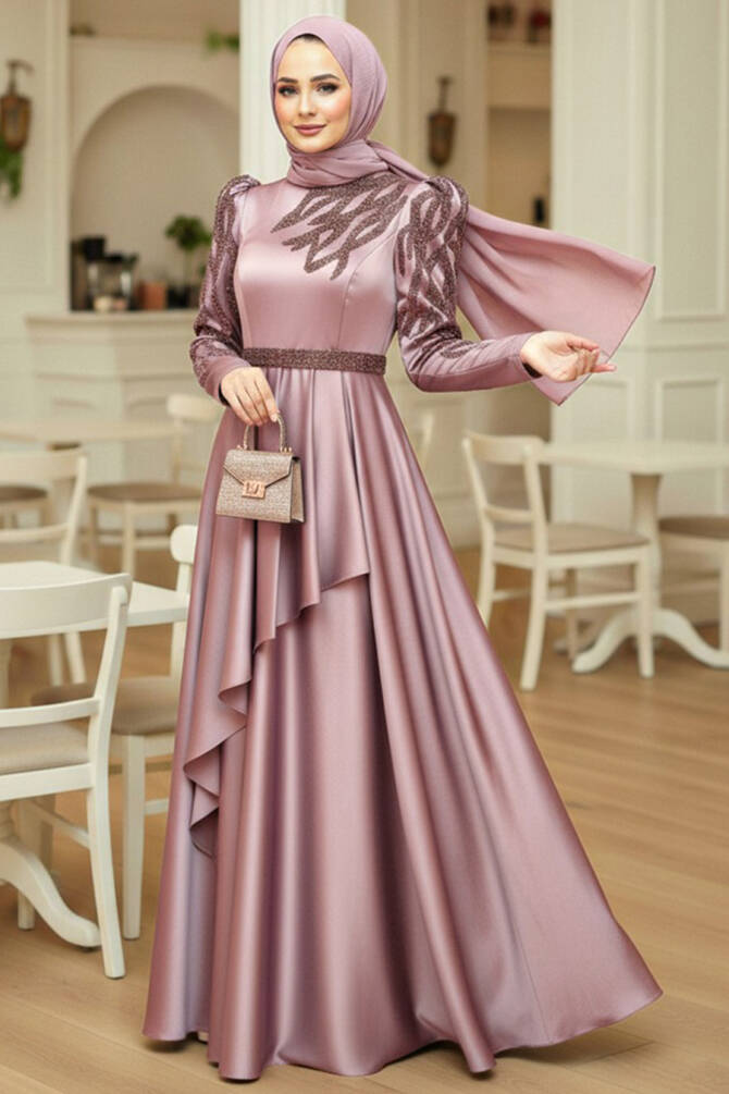 Neva Style - Luxorious Lila Modest Evening Dress 22671LILA - TESETTÜRLÜ ABİYE ELBİSELER