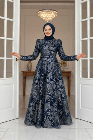 Neva Style - Luxorious Navy Blue Hijab Engagement Gown 22662L - TESETTÜRLÜ ABİYE ELBİSELER