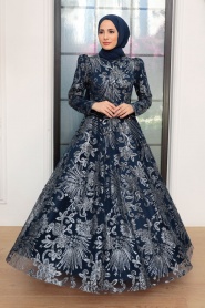 Neva Style - Luxorious Navy Blue Hijab Engagement Gown 22662L - Thumbnail