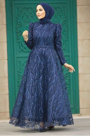 Luxorious Navy Blue Hijab Islamic Prom Dress 22851L - 1