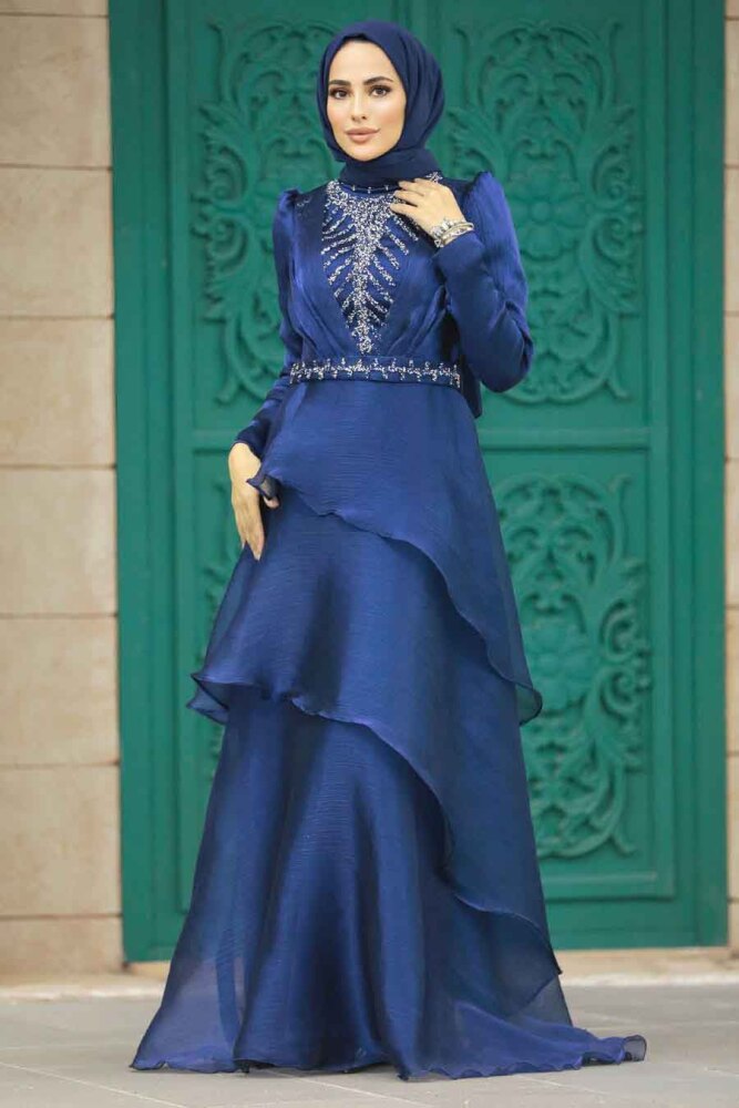 Luxorious Navy Blue Islamic Clothing Evening Dress 38221L - 2