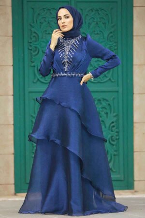 Luxorious Navy Blue Islamic Clothing Evening Dress 38221L - 1
