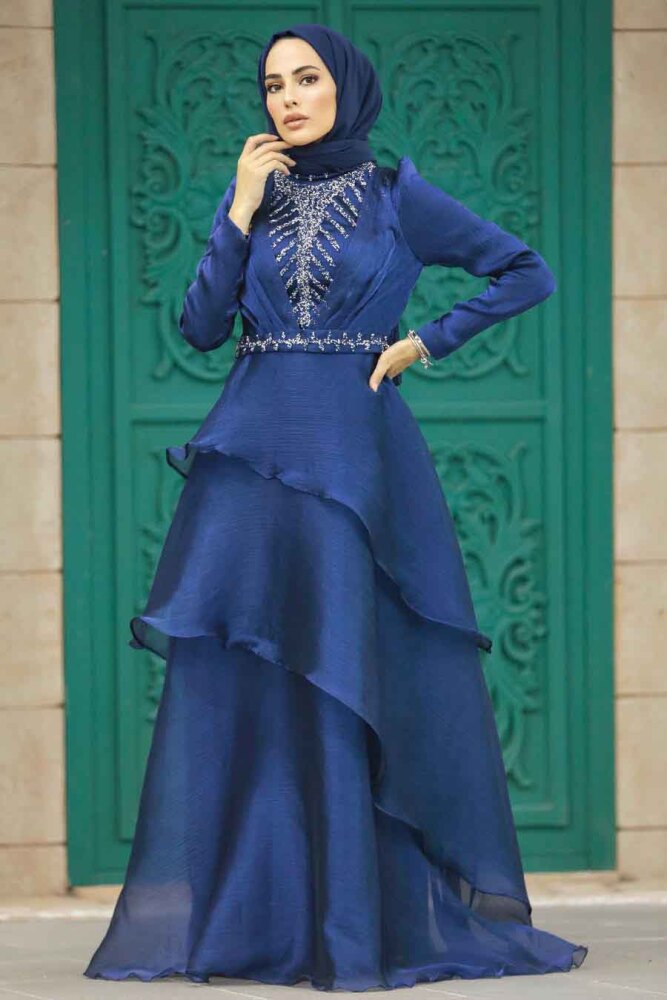 Luxorious Navy Blue Islamic Clothing Evening Dress 38221L - 1