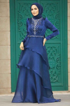 Luxorious Navy Blue Islamic Clothing Evening Dress 38221L - 3
