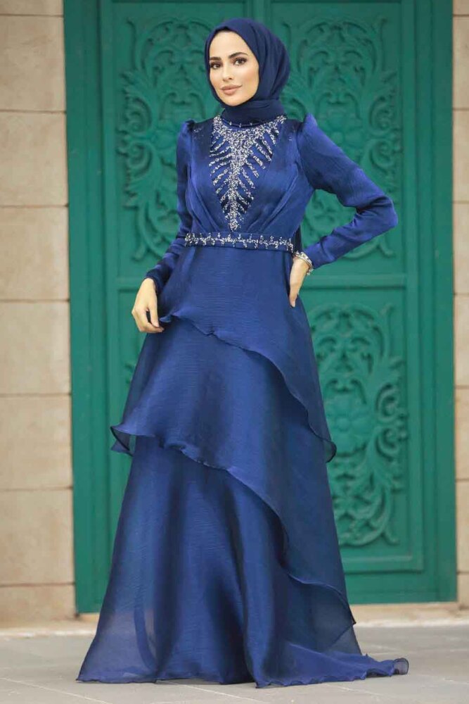 Luxorious Navy Blue Islamic Clothing Evening Dress 38221L - 3
