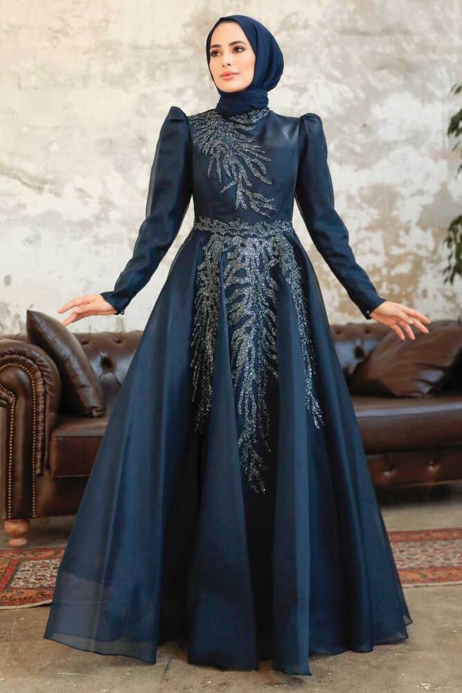 Neva Style - Luxorious Navy Blue Islamic Clothing Prom Dress 2268L - 2