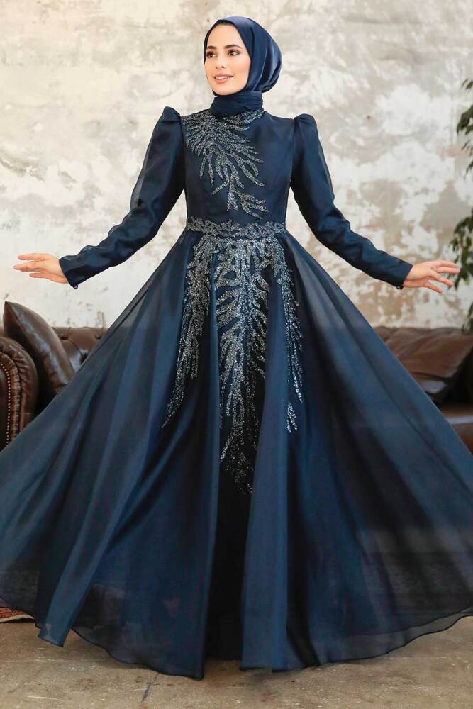 Neva Style - Luxorious Navy Blue Islamic Clothing Prom Dress 2268L - 1