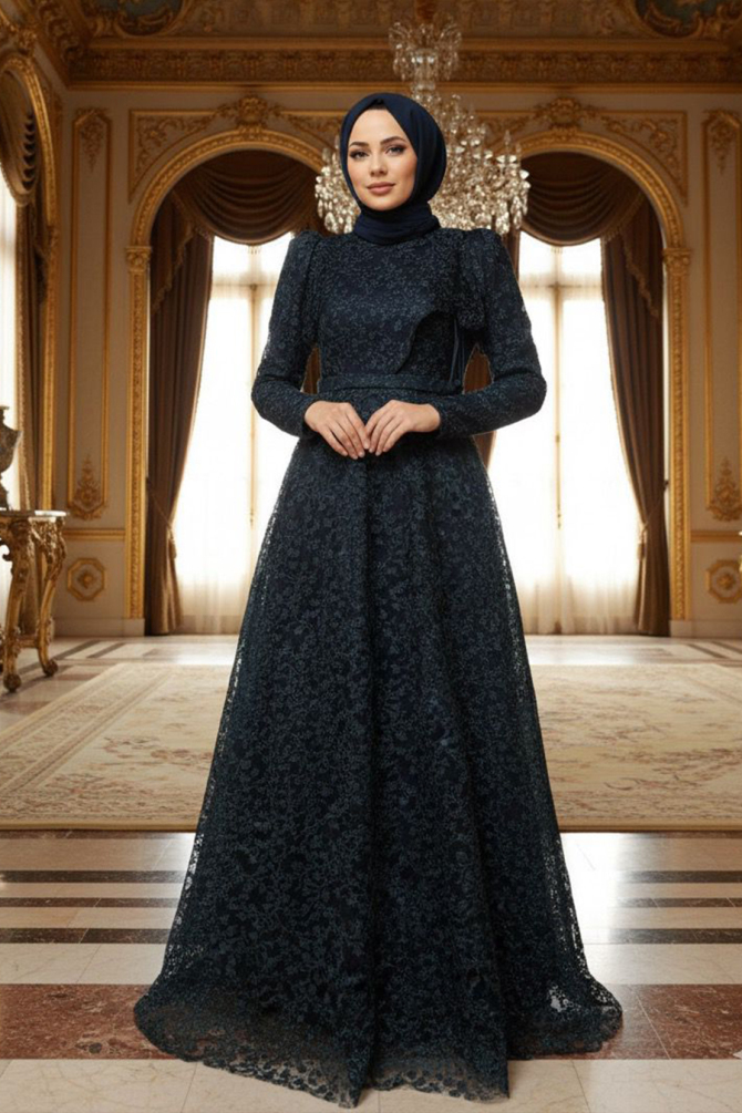 Neva Style - Luxorious Navy Blue Islamic Wedding Dress 22421L - TESETTÜRLÜ ABİYE ELBİSELER