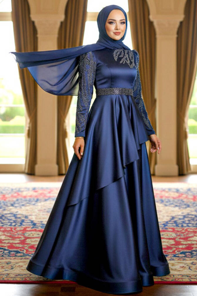 Neva Style - Luxorious Navy Blue Modest Evening Dress 22671L - TESETTÜRLÜ ABİYE ELBİSELER